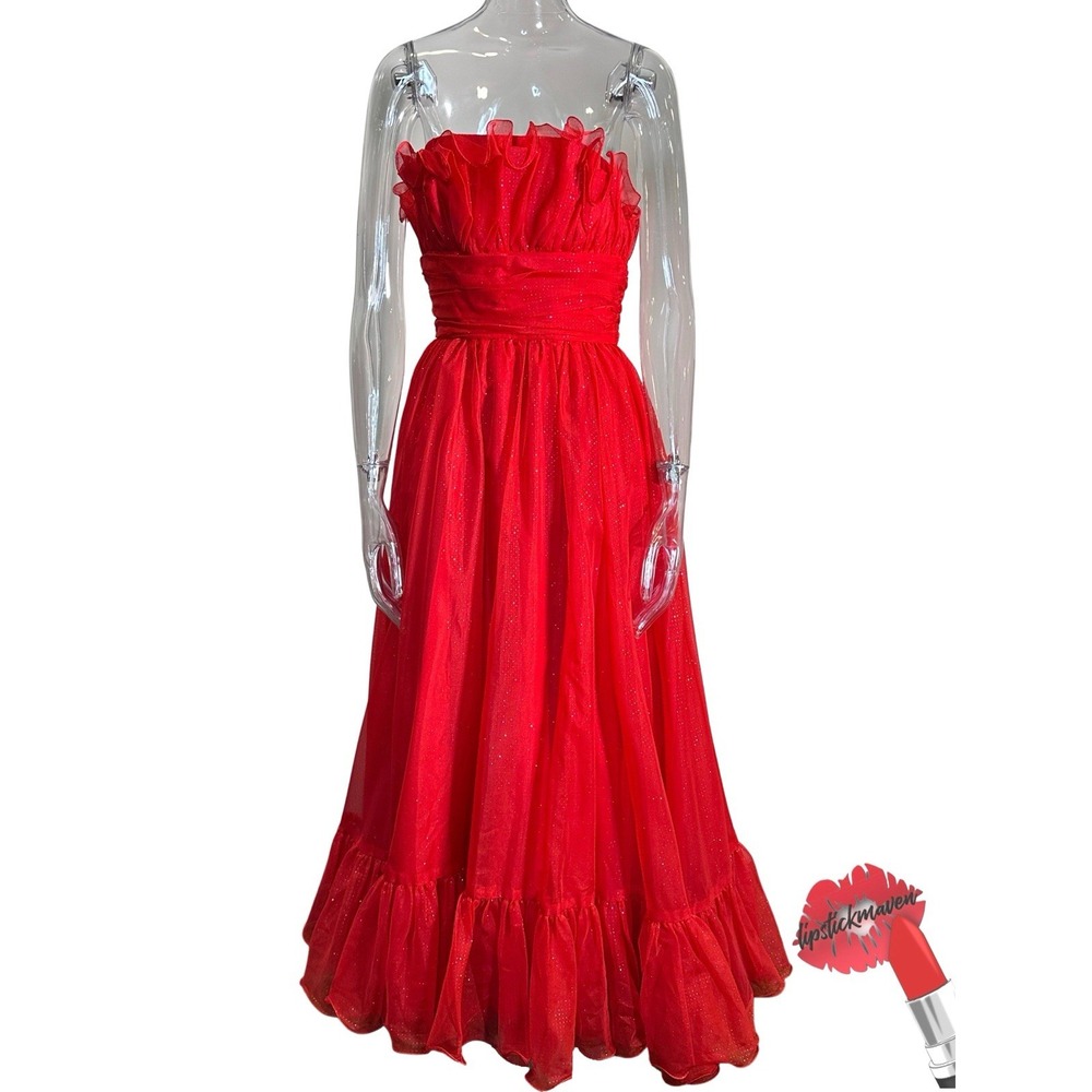Vintage‎ 60s Mike Benet Dress Women Medium Red Ruffle Evening Gown Maxi
